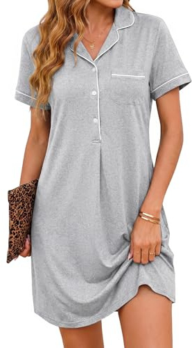 Jahetuul Chemise de Nuit Femme Coton Manches Courtes Col V avec Poche Classique Pyjama Confortable avec Boutons Ouvert Devant Robe de Nuit Été