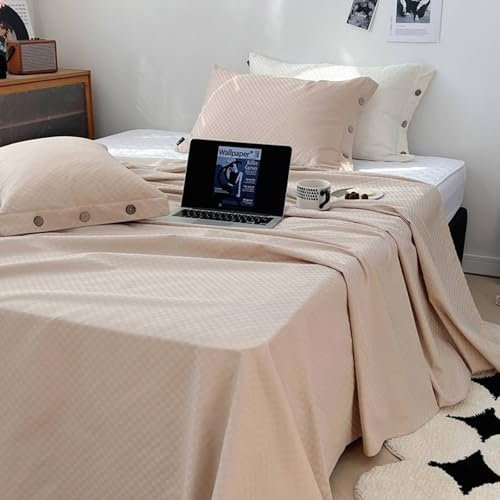 Mesnt Bettlaken ohne Gummizug, 200x230cm Kariert texturiert Betttuch mit 2 Kopfkissenbezügen aus Baumwolle Matratzenschoner, Aprikose