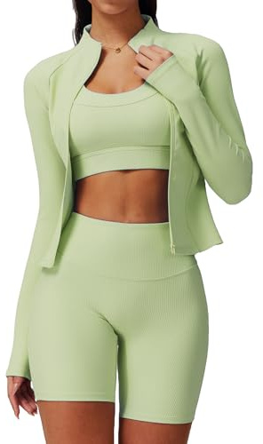 Women’s 3 Piece Workout Set – Sports Bra with Removable Pads, High Waist Biker Shorts & Zip Up Jacket for Yoga Gym Running, Pistachio, Medium