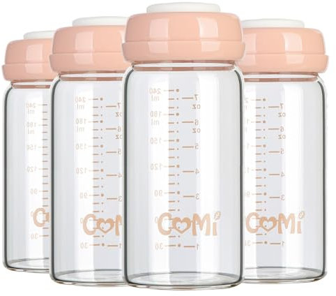 Comi Baby Glass Breastmilk Storage Bottles Pink 4 Packs 8.oz 240ml Wide Neck Bottles with Screw Ring Sealing Disk BPA-Free Breastfeeding Milk Collection Fits Breast Pumps & Nipples(4 Pink Lids)