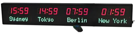 Horloge mondiale numérique LED avec télécommande, programmable pour 4 fuseaux horaires, auto-calibrage et 3 niveaux de luminosité, idéale pour entreprises, aéroports, hôtels