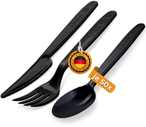 Wiederverwendbares Plastikbesteck schwarz | MEHRWEG Campingbesteck | PREMIUM Reisebesteck | robustes Outdoor Besteck (Löffel/Messer/Gabel - 50 Stk.)