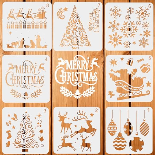 Christmas Stencils Snow Flake Template, 8 Pcs Reusable Plastic Drawing Painting Spraying Template for Porch Window Wall Door Greeting Cards Wood, Xmas Holiday DIY Decoration (5.1inch/13cm, Xmas)