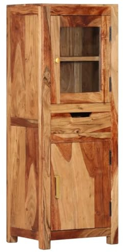 QJBSAVVA Buffet haut en bois d'acacia massif, 40 x 34 x 110 cm, avec 2 portes et tiroir, design rustique pour salon, cuisine et couloir