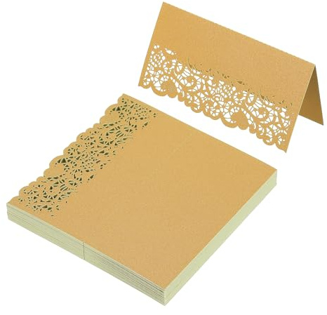 PATIKIL 50Pz Segnaposto per Matrimonio, Cartellini Segnaposto Comunione Eleganti Tavolo Pizzo Tagliato Laser Pieghevoli Tenda Biglietti Nomi per Tavola Buffet Ricevimento, Oro