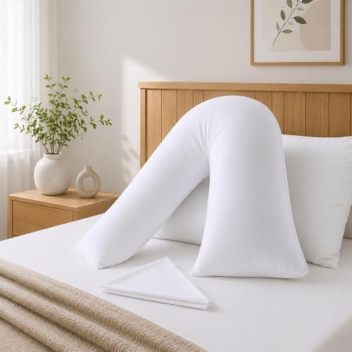 CASABLOOM Orthopaedic V Pillow with Pillowcase – Ultra Soft Hollowfibre Support for Neck, Back, Maternity, Nursing & Pregnancy – Anti-Allergy, Machine Washable Cover (White, 75×35cm)