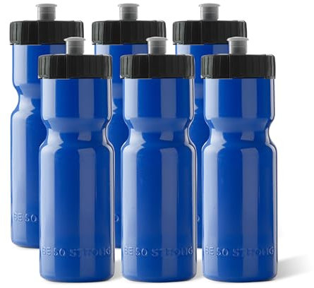 STRONG 50 Sport Squeeze Water Bottles – Pack of 6 – Team Pack 22 oz. bpa Free Bottle Easy Open Push/Pull Cap – Multiple Colours Available (Blue/Black)