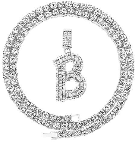 FW Jewelry HH BLING Silver Iced Out Baguette Initial Letter Necklaces for Men Women, Big Cz Diamond Capital Letter Pendant B with Rope Chains (Silver B & Rope)