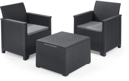 Keter Emma Balcony Set - Mobile da esterno composto da due poltrone con cuscini e tavolino contenitore, grafite