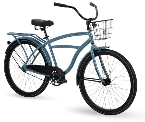 Huffy Woodhaven 26 Mens Cruiser Bike, Stone Blue Gloss Frame, Dual-Density Padded Seat, Chainguard Cover, Rear Rack, Front Basket, Easy Height Adjustment