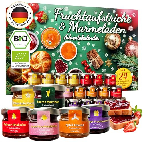 EWL Adventskalender mit BIO Frühstücksgläschen 2026, 24 köstliche und abwechslungsreiche Marmeladen, Konfitüren und süßen Aufstrichen in Gläsern, Weihnachtskalender in BIO-Qualität