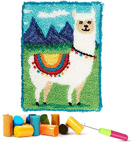 EMISTEM Latch Hook Kits for Adults - DIY Latch Hook Rug Kits, Crochet Kit for Beginners, Rug Making Kits with Printed Canvas, Gift Packaging. (White Alpaca on The Grassland, 20x15 inch)