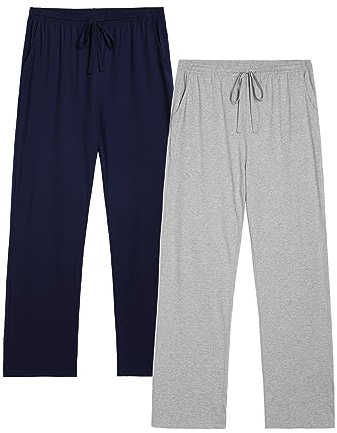 Winovia Lot de 2 Pantalons de Pyjama pour Homme - Long et léger - en Coton - Pantalon de détente - avec Taille élastique et Coupe Droite, Bleu foncé + Gris, L