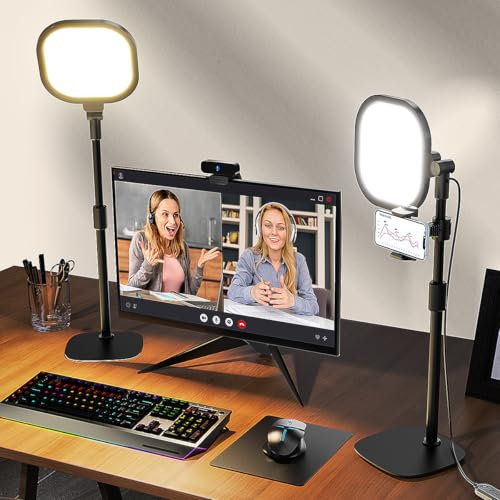 2Pcs Desktop Video Conference Light for Zoom Meeting, Computer, Laptop, Work from Home with Nature Soft Light, Adjustable Brightness & Color Temp and Flexible Stand & Versatile Phone Holder