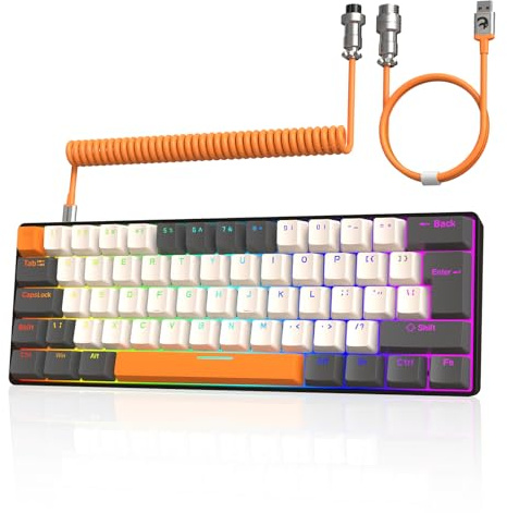 ZIYOU LANG T60 Wired Gaming-Tastatur mit Spiral USB-C Kabel - Kompakt 60% UK Layout(QWERTY) Mechanische Tastatur, 19 Rainbow RGB Backlit Mini 62 Tasten Taktiler Brown Switch für PC/Mac - Milchtee