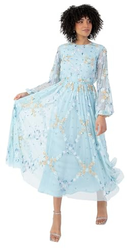 Maya Deluxe kvinnors Midaxi klänning dam lång puffärm rund hals blommig paljett embellished tyll A-line bridesmaid bröllop gäst himmelsblå 36, Himmelsblå, 36