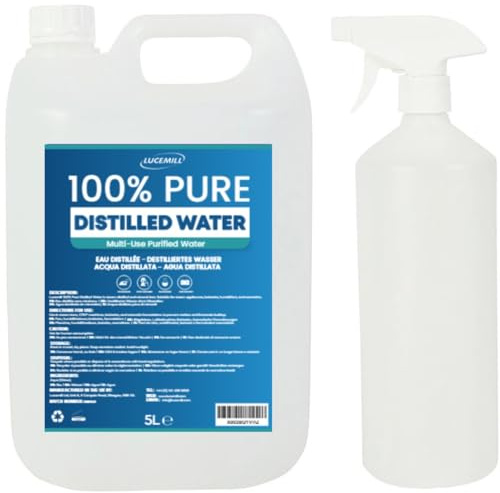 Lucemill Distilled Water | 5 Litre | Distilled Water for CPAP Machines, Irons, Cleaning Machines and More | Made in the UK I Comes with Empty Spray Bottle