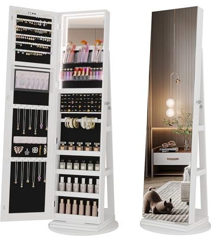 Vlsrka Schmuckschränke LED mit Ganzkörperspiegel, Standspiegel mit schmuckschrank 360° beweglich, Schmuck spiegelschrank stehend abschließbar, Drehspiegelschrank holz für Schlafzimmer (Weiß)