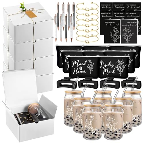RimCereal 8 Sets/ 80 Pcs Bridesmaid Proposal Gifts Maid of Honor Gifts for Wedding, Include Glass Cup Makeup Bag Glitter Pen Card Bracelet Hair Clip Gift Box Kraft Tags Grass Twine(Black, White)