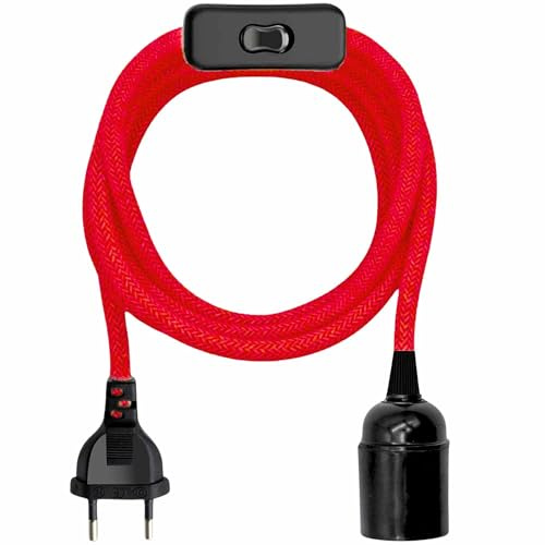 TECHZOCO Portalámpara E27 con Interruptor, Adaptador de lámpara E27, Base para Bombilla, Enchufe + Interruptor ON/Off, Cable 1.50 Metros, Casquillo e27, Diseño Vintage, máx. 60W, Trenzado, Rojo