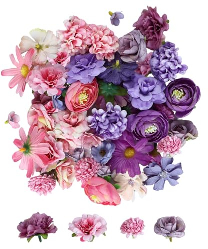 LQIOACU TelaDecoración Manualidad Cabezas de Flores Falsas, Tela Multicolor Cabezas De Flores Artificiales, Adecuadas para Fiestas, DIY (Rosa+Púrpura)