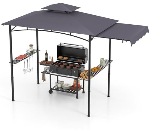 HOMASIS 3 m Tonnelle de Jardin Pliante Extérieur avec Auvent Latéral, Gazebo Barbecue avec Double Toit, 2 Tables, Crochets et Ouvre-Bouteilles, Pergola de Réception Résistant aux Intempéries (Noir)