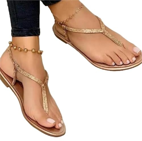 YDYAENIO Sandalias de Verano para Mujer, Planas con Punta Puntiaguda, Casuales, Chanclas y Romanas de tacón bajo.(Gold,39)
