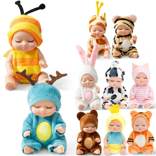 10 pièces Mini Poupées Bébé, Poupées Reborn, Poupée Bébé Réaliste de 11 cm avec Vêtements d'Animaux, Figurine Mignonne pour Enfants, Ensemble de Jouets de Poupées Cadeau pour Filles, Panier de Pâques