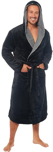 MICHAEL PAUL Men's Luxury Soft Fleece Hooded Dressing Gown Black/Grey Lightweight L GIFT FOR HIM