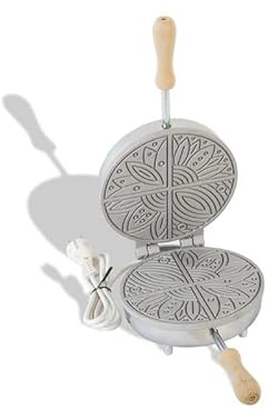 CBE Elettrodomestici Biscottiera Elettrica con Motivo Floreale MOD. 8030100, Piastra per Waffle e Cialde Sottili Decorate, 4 Spicchi Divisibili, Piastre Antiaderenti con Manici in Legno