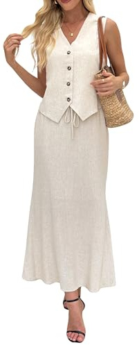 Fakanhui Ensemble de 2 pièces pour femme en lin Longue jupe maxi avec gilet Veste tailleur Costume d'affaires décontracté pour les vacances d'été, Lin naturel., XX-Large