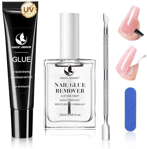 MAGIC ARMOR Pegamento de uñas de gel de 15 g y removedor de pegamento de uñas de 20 ml para aplicar el pincel, no requiere luz ultravioleta, gel Press On Nails, sin acetona, con herramienta para