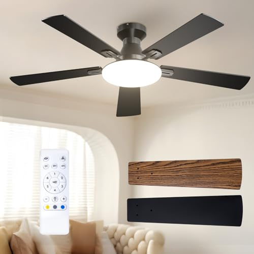 Passky Ventilador de techo de 132cm con luz y mando a distancia, motor DC silencioso, 5 aspas, 6 velocidades, 3 temperaturas de color, temporizador, Negro