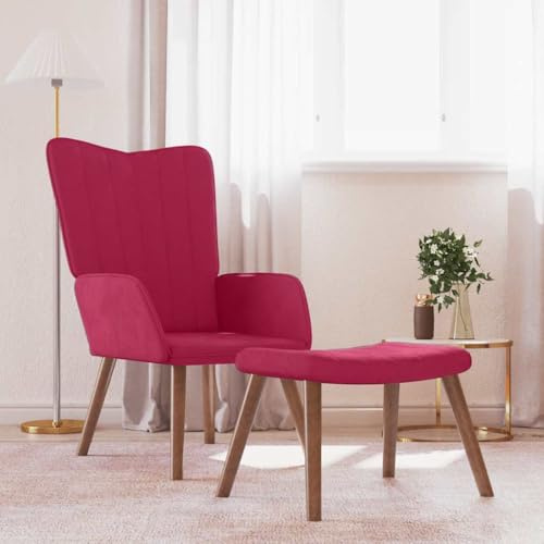 Ordellia Vinröd sammet relaxfåtölj med pall, vadderad armstol för vardagsrum, sovrum, läshörna, bekväm sittplats för vuxna