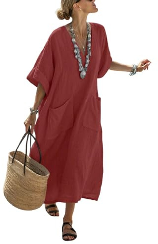 Générique Robe Longue Femme Été Style Bohème Chic et Ethnique, Kaftan de Plage avec Col V et Manches 3/4, Robe Maxi en Coton Lin avec Poches, Tenue de Vacances Légère Ample et Fluide Vintage