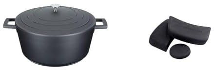 MasterClass Cast Aluminium Induction-Safe Non-Stick Casserole Dish, 5 L (1 gal) - Black + MasterClass Pan Handle Sleeve Set for Cast Aluminium Casserole Pots, Easy Grip Silicone, 3 Pieces