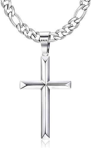 KRFY Colgante Cruz Plata de ley 925 con Cadena Figaro Corte Diamante Acero Inoxidable Collar con Colgante de Cruz de Borde Biselado Altamente Pulido Delicado Para Hombres Mujeres 46/51/56/61/66/76CM