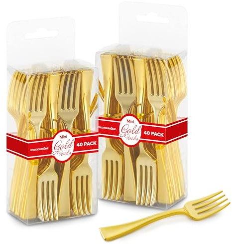 Gold Mini Forks 4 Inch (80-Count) Disposable Plastic Appetizer Fork for Cocktail Hour, Dessert Cups, Small Food Samples, Tiny Appetizers, Charcuterie Board, Wedding Reception