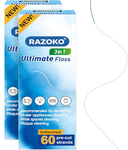 Hilo Dental Superfloss para Brackets - 3 en 1 con Enhebrador, Parte Esponjosa y Hilo Regular, Hebras Precortadas, 120 Unidades (2 Packs de 60)