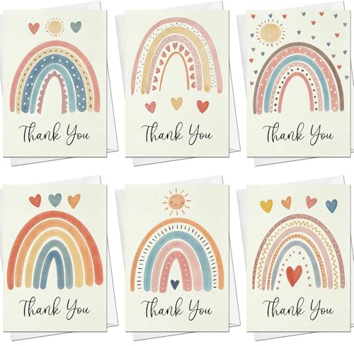 BestaFiesta Thank You Notes MultiPack Rainbow Thank You Notes - For Weddings, Baby Showers, Parties, Family Friends Work Colleagues 6 Designs with White Envelopes 24 Pack