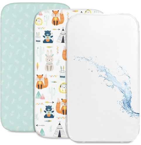 2 Sabanas Minicuna + 1 cubrecolchon para minicunas para Bebes Impermeable elástico - Lote de 3 Ropa de Cuna - Talla 50x83cm - Compatible con cunas, colchon - Niño y Niña - Zorro