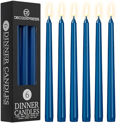 DECO EXPRESS Candles Set, Pack of 6 Classic Dripless Tapered Metallic Dinner Candles, Unscented with 8 Hours Burning Time, Home, Valentine’s Day & Mother’s Day Decor Idea (Metallic Blue, 6 Pack)