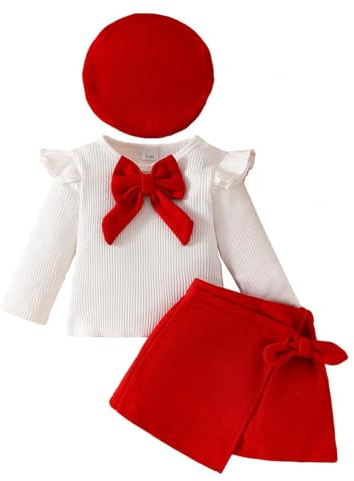 LUVCES Ensemble Jupe Bébé Fille Manches Longues à Volants Tricoté Tops à Nœud Papillon + Elegante Mini Jupe + Béret 3Pcs Automne Hiver Vêtements Tenues
