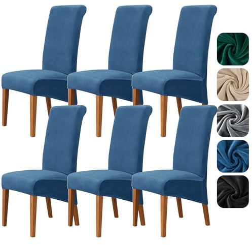Alishomtll High Back Chair Covers Set of 6, Stretch Velvet XL Dining Chair Slipcovers, Large Size Washable Removable Chair Protector for Dining Room Kitchen Banquet Wedding Party (Blue, 6psc)