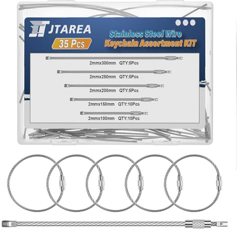 JTAREA 5Values 4 6 8 10 11.8 Inch Stainless Steel Wire Keychain Cable Key Ring Kit 2MM Thickness Metal Wire Key Rings Keychains Loop for Hanging Luggage Tag Keys ID Tags