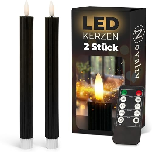 Stavljus LED med timer svart 2 st inomhus med timerfunktion 6 timmar äkta vax ribbad 23 cm höjd för ljus 2,2 cm diameter 2 AAA-batterier krävs LED stavljus flimrande låga rörliga