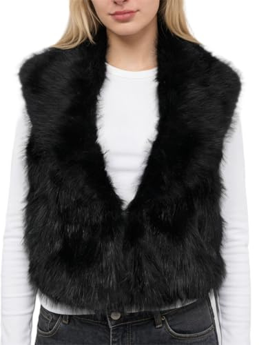 Amazhiyu Womens Faux Fur Gilet, Lapel Open Front Waistcoat with Pocket Black XL