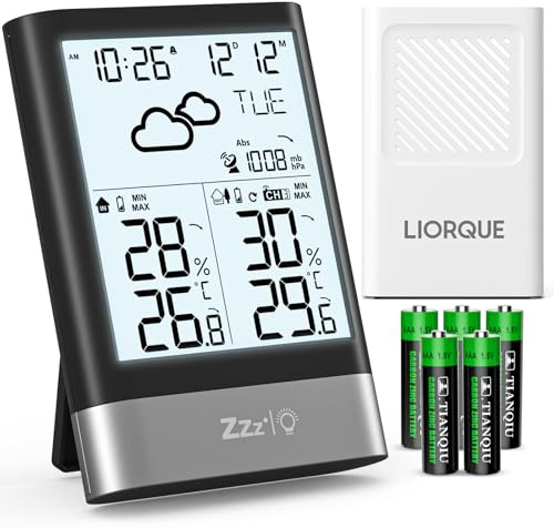 LIORQUE Wetterstation Funk mit Außensensor, Digital DCF-Funkuhr Thermometer Hygrometer Innen Außen Funkwetterstation mit Wettervorhersage, Uhrzeitanzeige, Doppelwecker, Batteriebetrieben