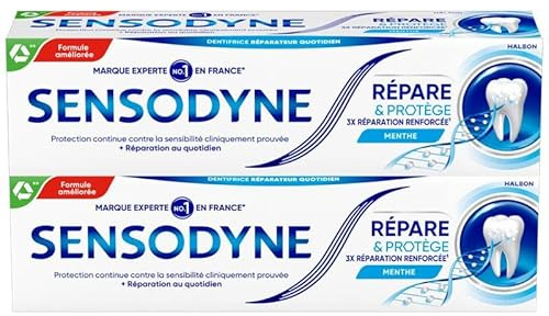 SENSODYNE Dentifrice Répare et Protège, pour les Dents Sensibles, Apporte une Protection Longue Durée, Menthe, Lot de 2x75ml