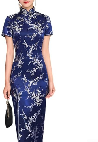 Cheongsam - Abito lungo da donna a maniche corte, stile cinese Qipao, con stampa retrò, elegante, slim fit (3XL blu)